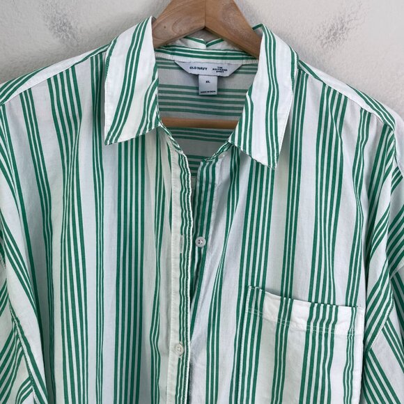 Old Navy Womens XL Boyfriend Shirt Green White Vertical Stripe Button Up Blouse - Picture 8 of 10